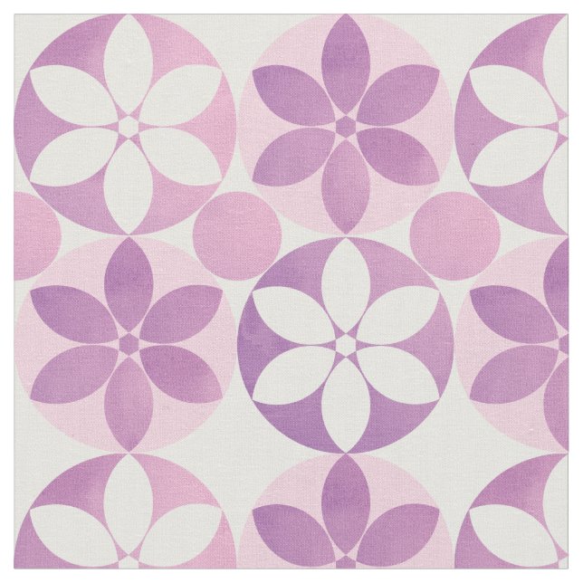 Retro Purple Watercolour Flower Tile Pattern Fabric (Close Up)