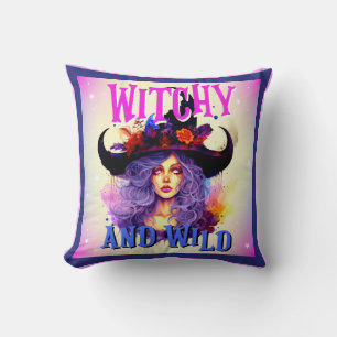 Retro Purple Witchy _ Halloween Throw Pillow