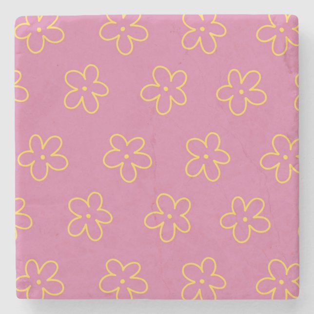 Retro Purple Yellow Floral Simple Flower Pattern Stone Coaster (Front)