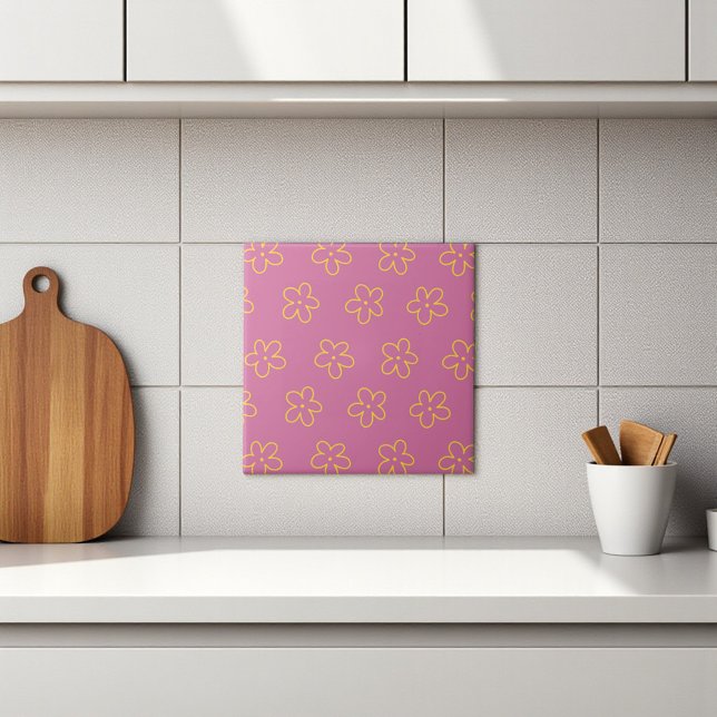Retro Purple Yellow Floral Simple Flower Pattern Tile (Retro Purple Yellow Floral Simple Flower Pattern Ceramic Tile)