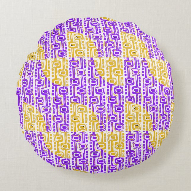 Retro Purple & Yellow Geometric Pattern Round Pillow (Front)