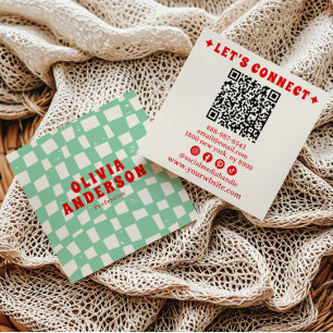 Retro QR Code Groovy Chequered Boho Trendy Unique Square Business Card