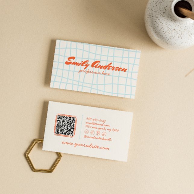 Retro QR Code Hand Written Drawn Groovy Cute Business Card (Creator Uploaded)