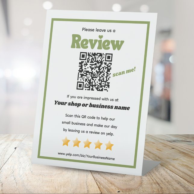 Retro QR code 'leave us a review' YELP green Pedestal Sign (Creator Uploaded)