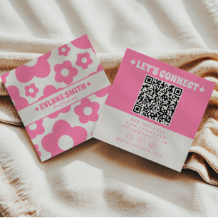 Retro QR Code Pink Groovy Floral Boho Girly Trendy Square Business Card