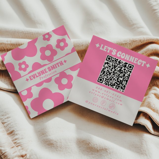 Retro QR Code Pink Groovy Floral Boho Girly Trendy Square Business Card (Creator Uploaded)
