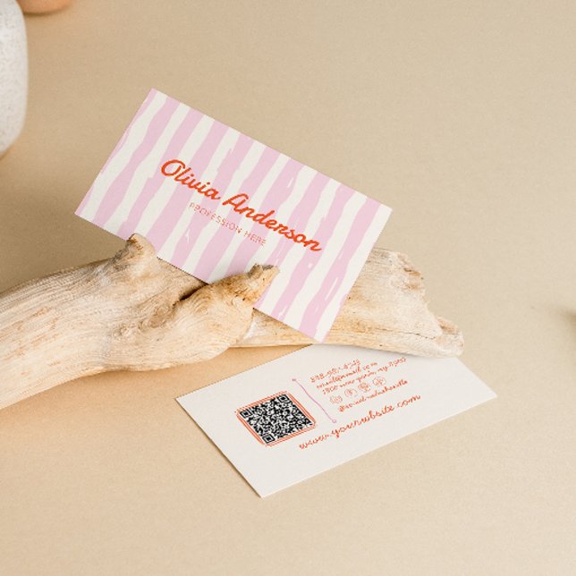 Retro QR Code Pink Hand Drawn Stripped Girly Boho Business Card (Creator Uploaded)