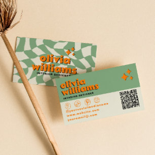 Retro QR Code Psychedelic Groovy Checkered Unique Business Card