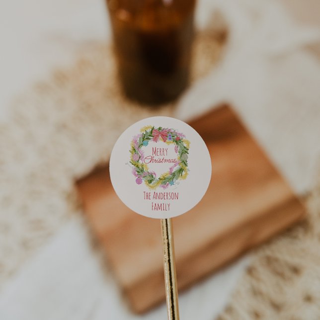 Retro Quirky Colourful Christmas Bow Wreath  Classic Round Sticker (Creator Uploaded)