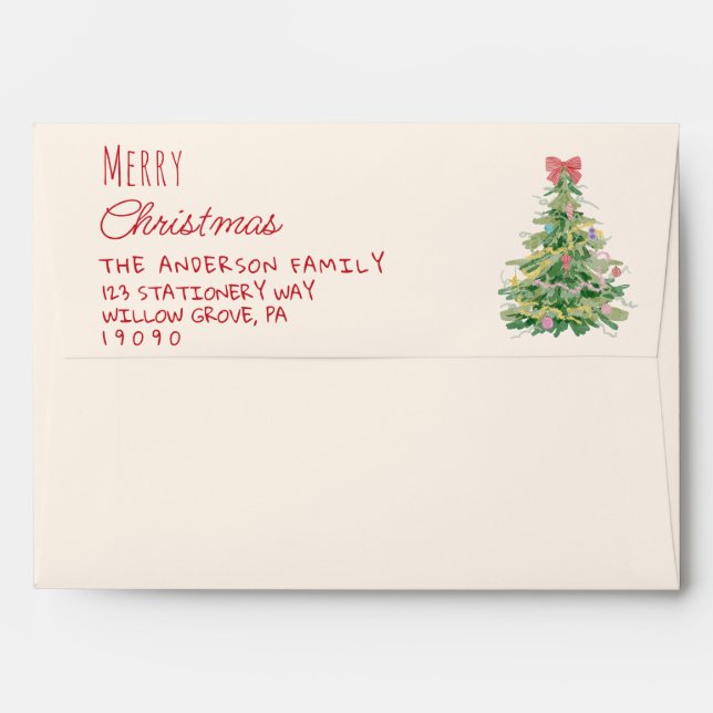 Retro Quirky Red Green Christmas Bow Tree  Envelope (Back (Top Flap))