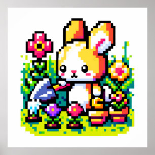 Retro Rabbit Gardener Vibrant Pixelated Garden Art Poster