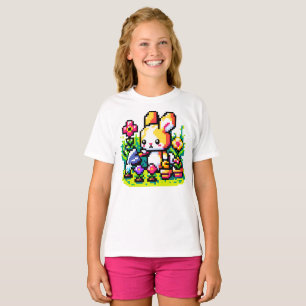 Retro Rabbit Gardener Vibrant Pixelated Garden Art T-Shirt