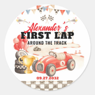 Retro Race Car First Lap Around the Track Birthday Classic Round Sticker