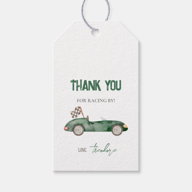 Retro Race Car Green Gift Tag (Front)