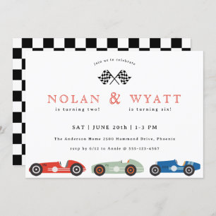 Retro Race Car Theme Joint Birthday Invitation