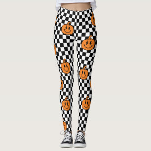 Retro Rad Orange Pumpkin Black Chequered Halloween Leggings