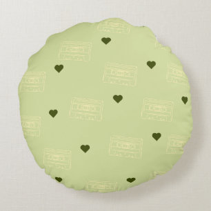 Retro Radio and Heart Pattern in Lime Green Round Pillow