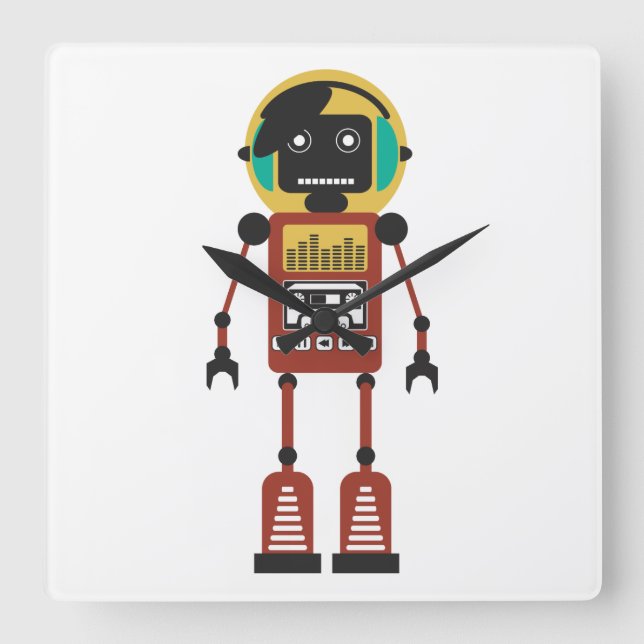 Retro Radio Robot Square Wall Clock (Front)