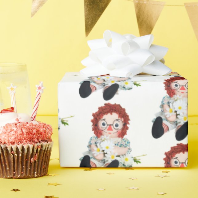 Retro Rag Doll with daisy bouquet Wrapping Paper (Birthday Party)