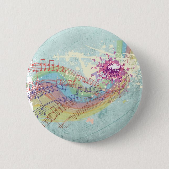 Retro Rainbow and Music Notes on a Shabby Texture 2 Inch Round Button (Front)