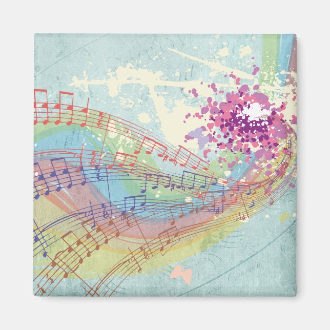 Retro Rainbow and Music Notes on a Shabby Texture Magnet (Front)