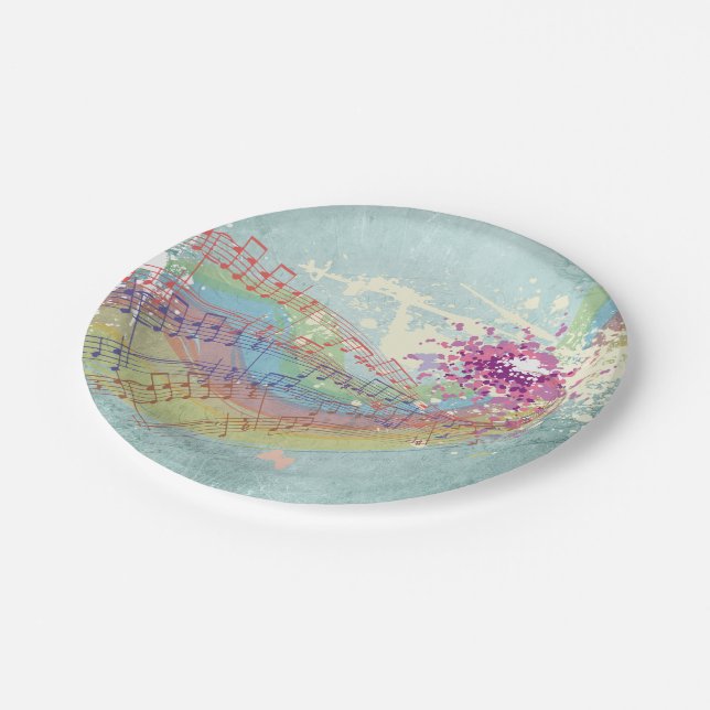 Retro Rainbow and Music Notes on a Shabby Texture Paper Plate (Angled)