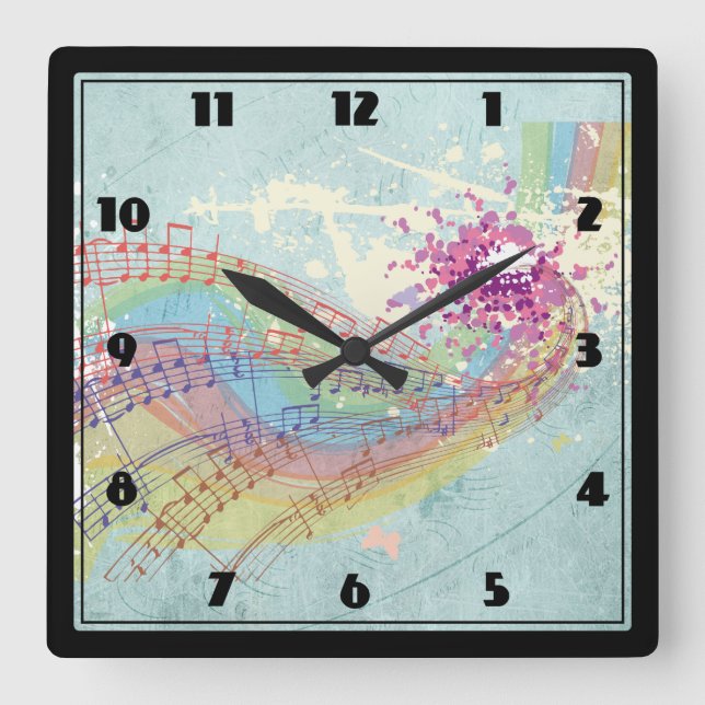 Retro Rainbow and Music Notes on a Shabby Texture Square Wall Clock (Front)