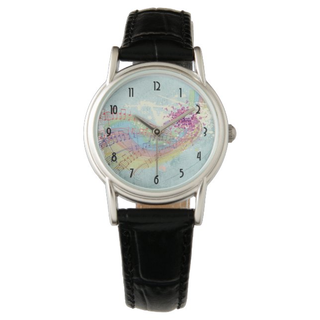 Retro Rainbow and Music Notes on a Shabby Texture Watch (Front)