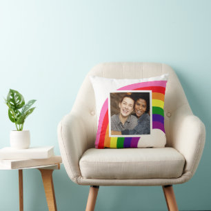 Retro Rainbow Arch Custom Couple Photo Throw Pillow