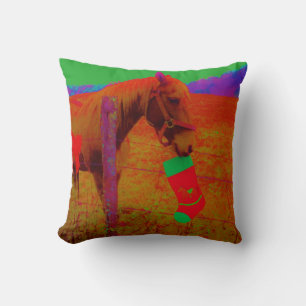 Retro Rainbow coloured Christmas Horse Throw Pillow