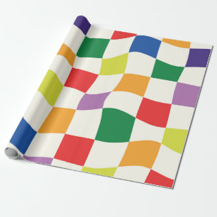 Retro Rainbow Colourful Warped Checkerboards Wrapping Paper