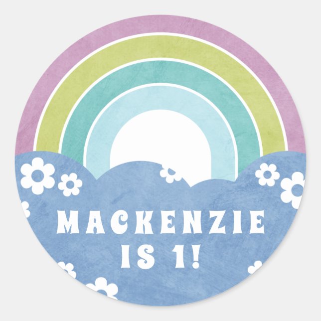 Retro Rainbow & Daisies Kid's Birthday Sticker (Front)