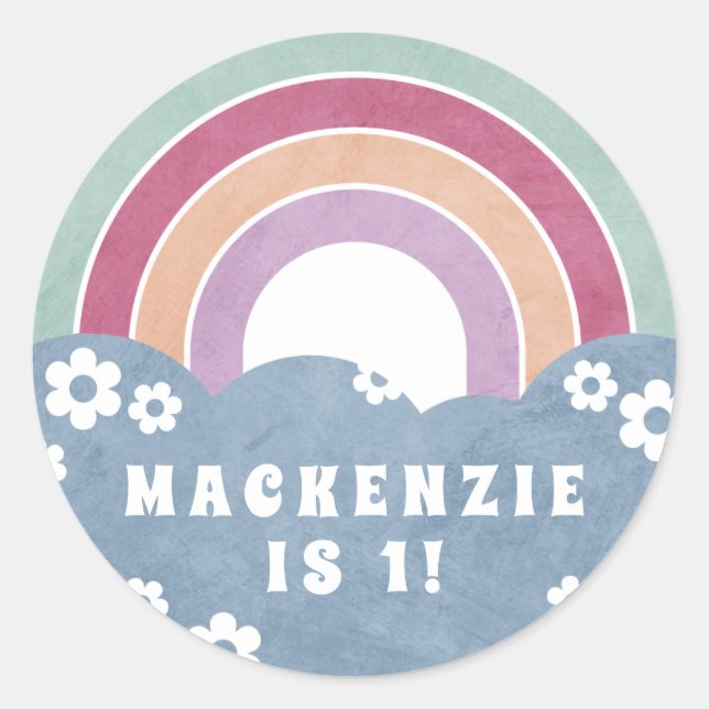 Retro Rainbow & Daisies Kid's Birthday Sticker (Front)