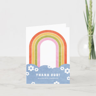 Retro Rainbow & Daisies Thank You Card - Red