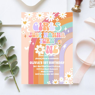 Retro Rainbow Daisy Birthday Invitation