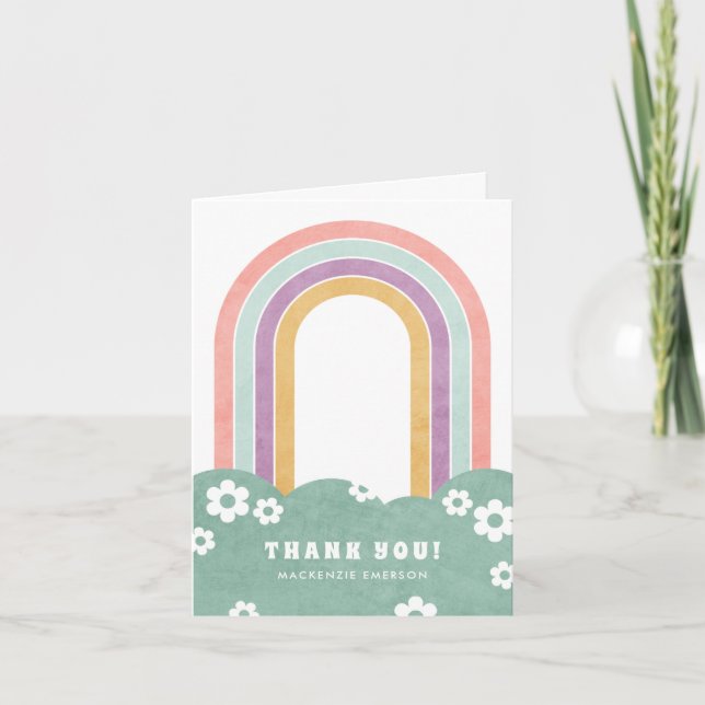 Retro Rainbow & Daisy Carte de remerciements - Min (Devant)