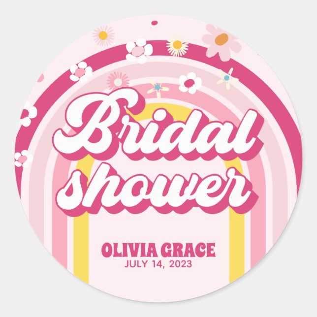 Retro Rainbow Daisy Groovy Bridal Shower Classic Round Sticker (Front)