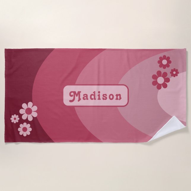 Retro Rainbow Daisy Personalized Beach Towel (Front)