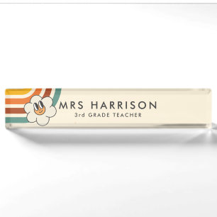 Retro Rainbow Daisy teacher desk name plate
