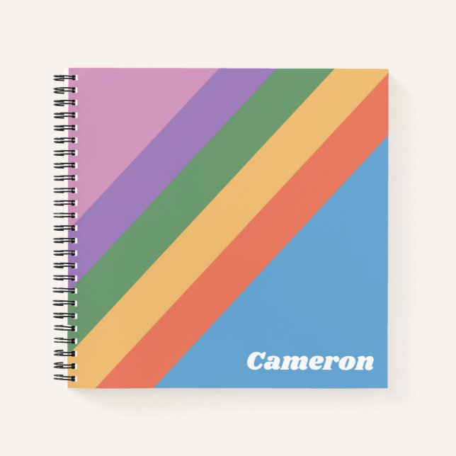 Retro Rainbow Diagonal Stripes Personalized Notebook (Front)