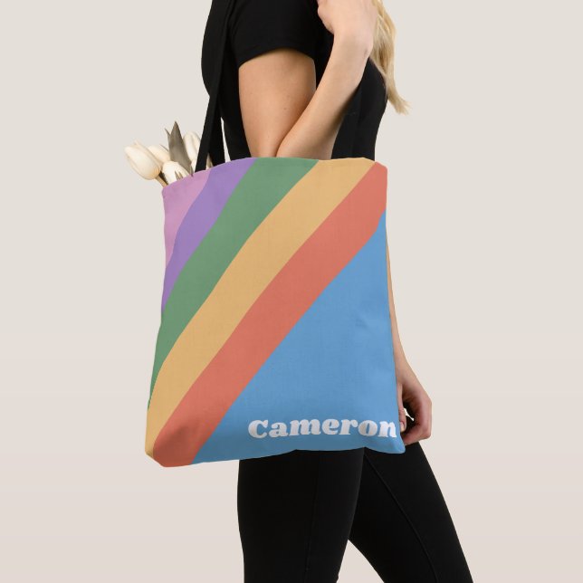 Retro Rainbow Diagonal Stripes Personalized Tote Bag (Close Up)