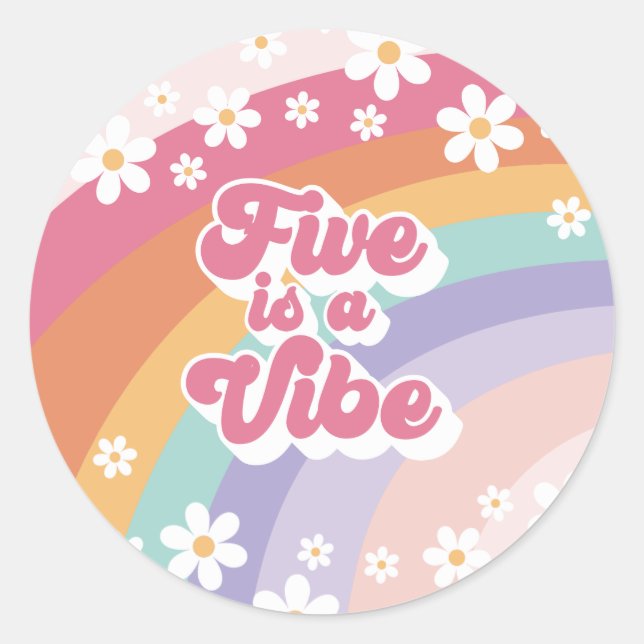 Retro Rainbow Five is a Vibe 5th Birthday Classic Round Sticker (Front)