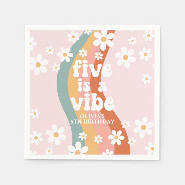 Retro Rainbow Five is a Vibe Daisy 5th Birthday Napkin (Front)