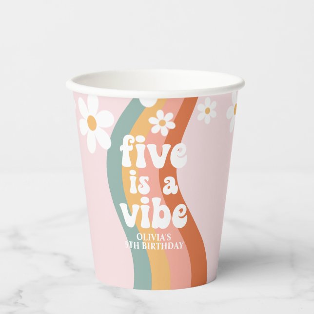 Retro Rainbow Five is a Vibe Daisy 5th Birthday Paper Cups (Front)