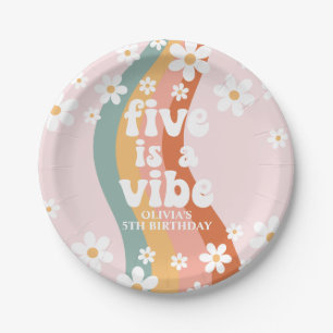 Retro Rainbow Five is a Vibe Daisy 5th Birthday Paper Plate