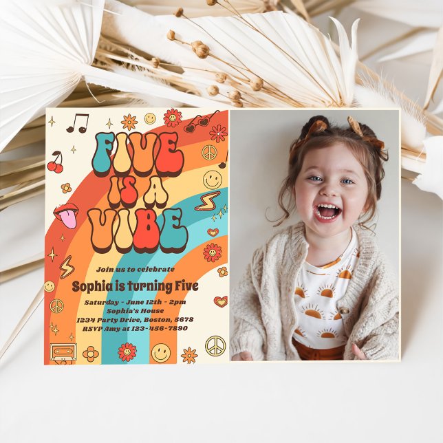 Retro Rainbow Five is a Vibe Groovy 5th Birthday  Invitation (Creator Uploaded)