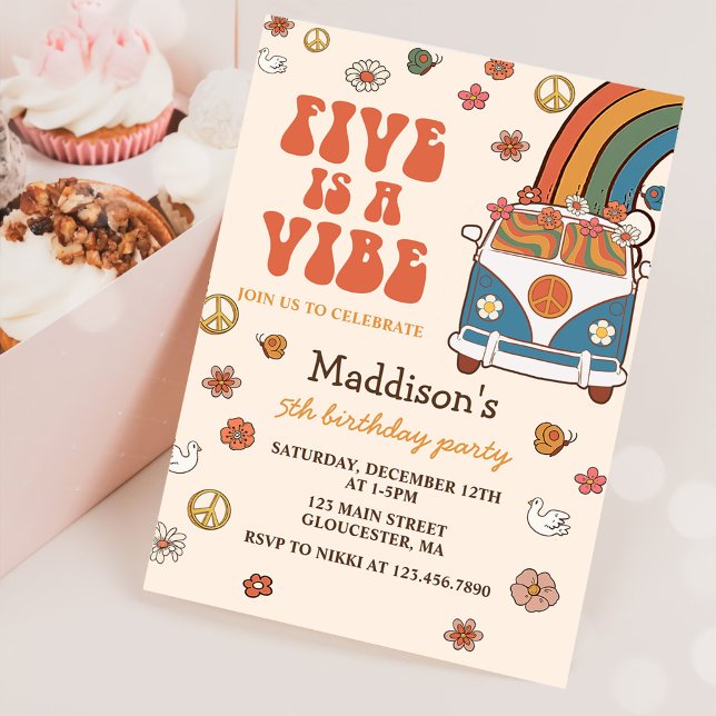 Retro Rainbow Five is a Vibe Groovy 5th Birthday Invitation (Creator Uploaded)