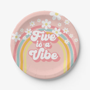 Retro Rainbow FIVE is a Vibe Groovy 5th Birthday P Paper Plate