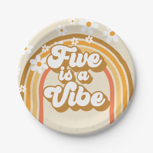 Retro Rainbow FIVE is a Vibe Groovy 5th Birthday Paper Plate (Front)