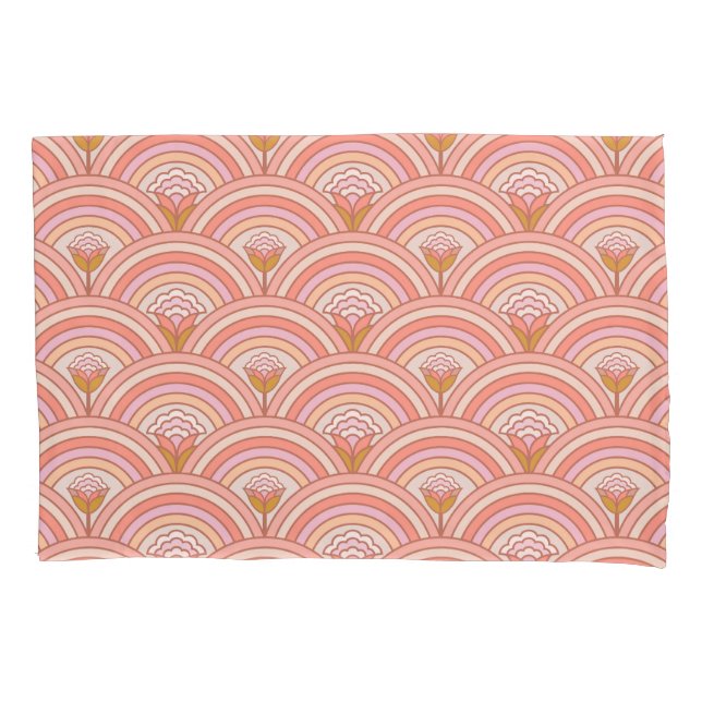 Retro Rainbow Flowers Pink & Coral Pillowcase (Front)